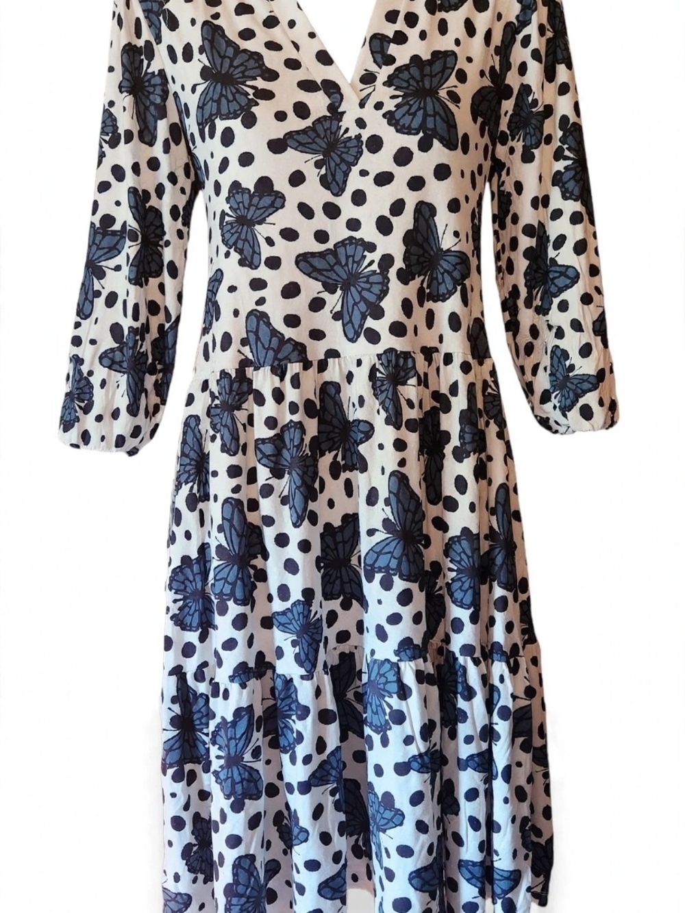 NWT Size XL White Blue Butterfly Polka Dot Tiered Midi Dress - Boho Long Sleeve